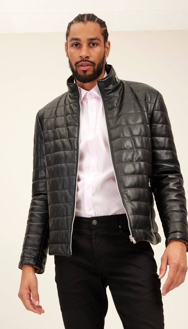 Lambskin Leather Puffer Jacket - Black