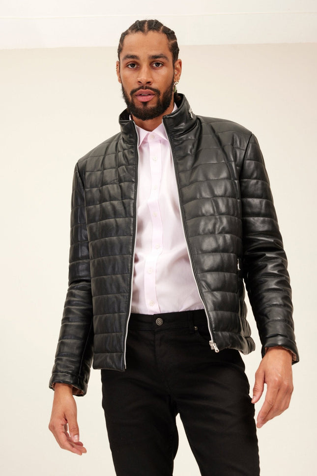 Men's Lambskin Leather Puffer Jacket - Black | Ron Tomson