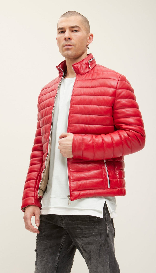 Lambskin Leather Puffer Jacket - Red
