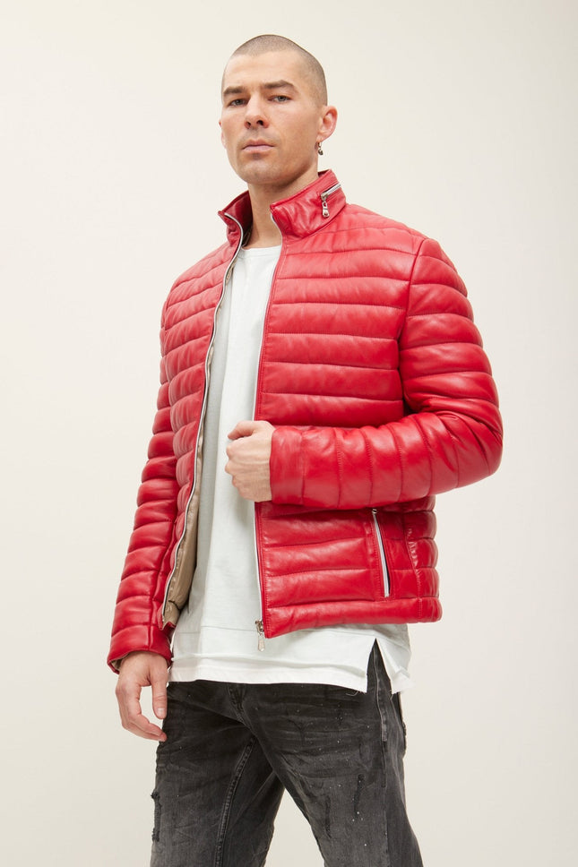 Men's Lambskin Leather Puffer Jacket - Red | Ron Tomson