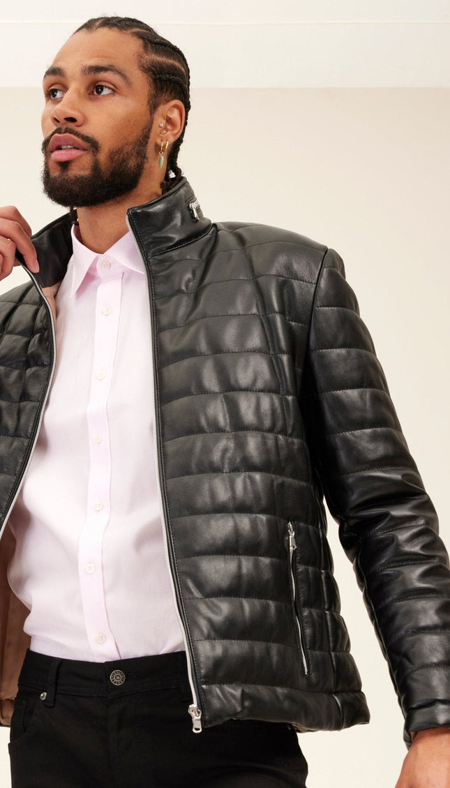 Lambskin Leather Puffer Jacket - Black