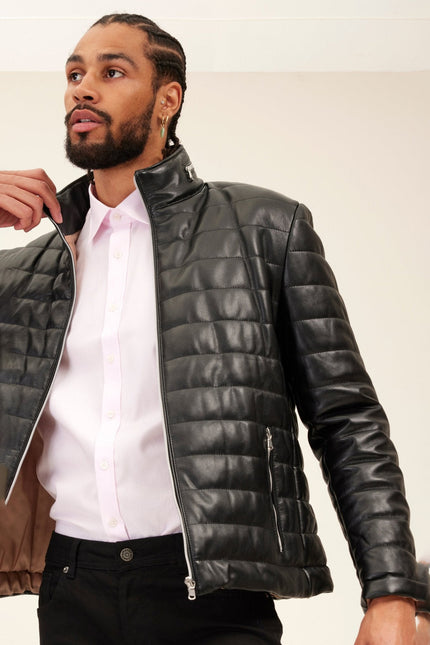 Men's Lambskin Leather Puffer Jacket - Black | Ron Tomson