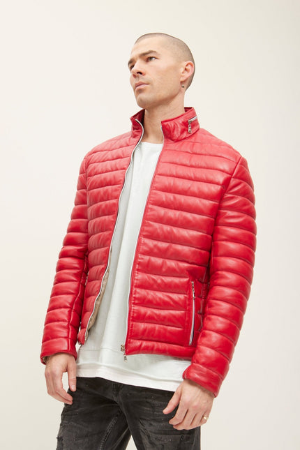 Men's Lambskin Leather Puffer Jacket - Red | Ron Tomson
