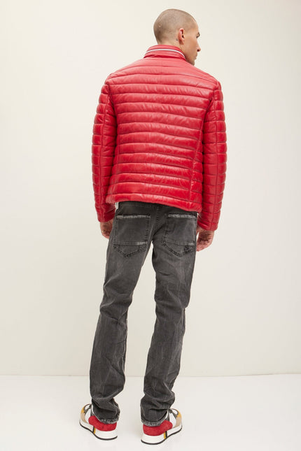 Men's Lambskin Leather Puffer Jacket - Red | Ron Tomson