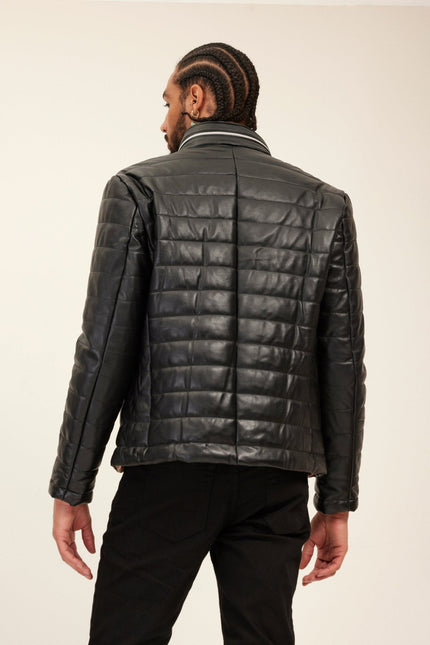 Men's Lambskin Leather Puffer Jacket - Black | Ron Tomson