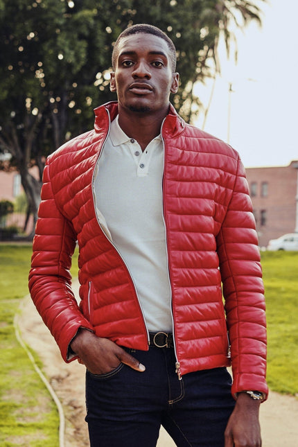 Men's Lambskin Leather Puffer Jacket - Red | Ron Tomson