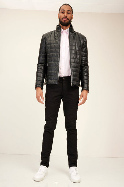 Men's Lambskin Leather Puffer Jacket - Black | Ron Tomson