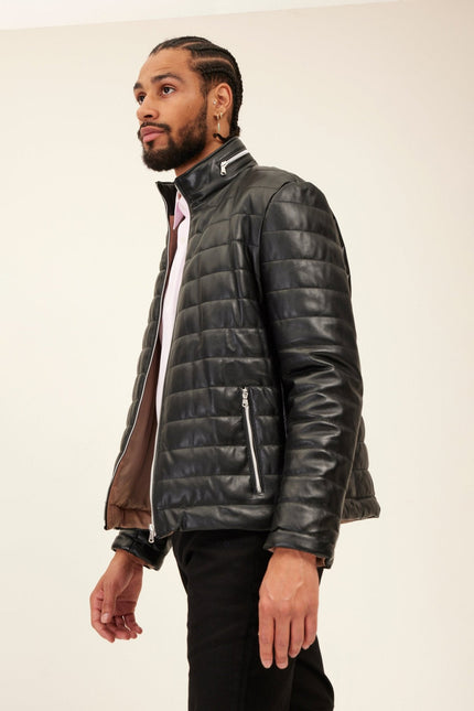Men's Lambskin Leather Puffer Jacket - Black | Ron Tomson