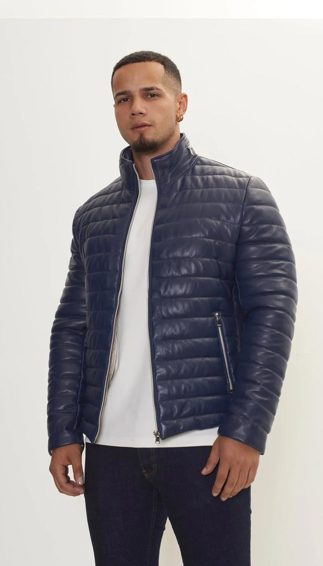Lambskin Leather Puffer Jacket - Navy