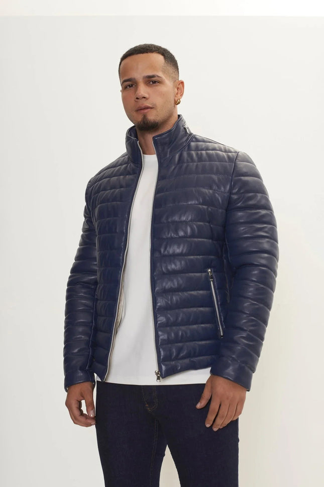 Men's Lambskin Leather Puffer Jacket - Navy | Ron Tomson