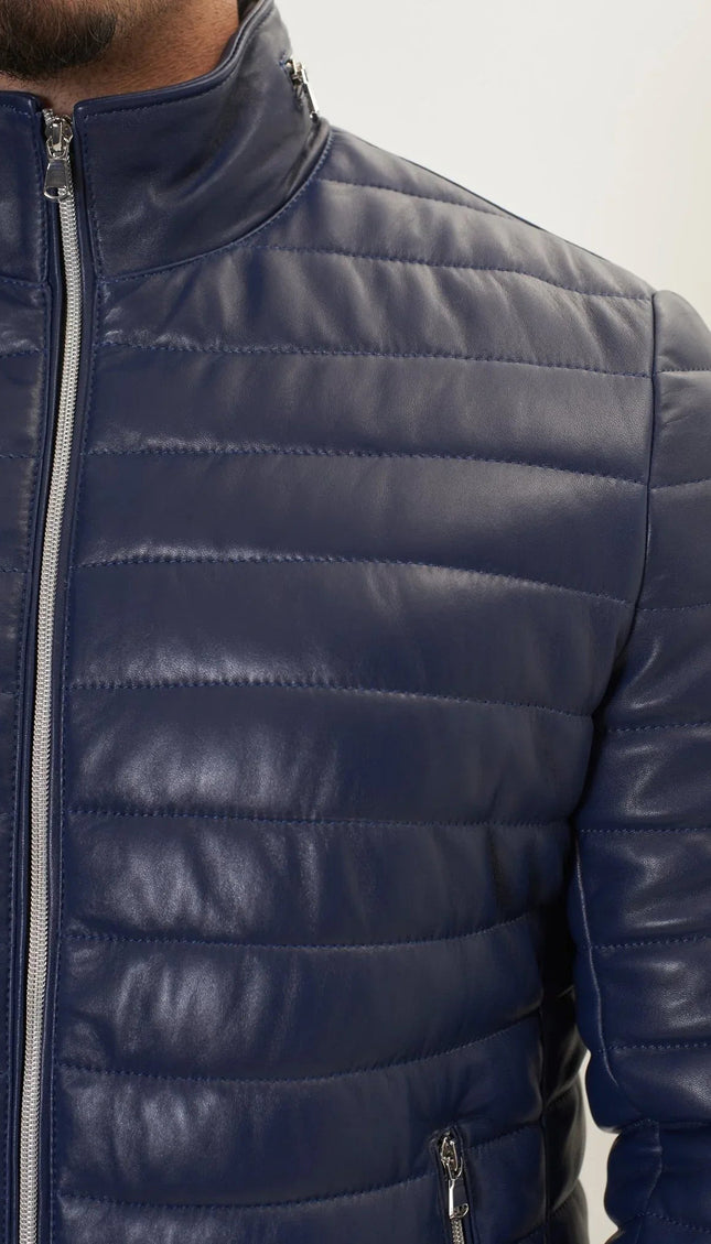 Lambskin Leather Puffer Jacket - Navy
