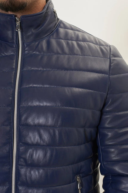 Men's Lambskin Leather Puffer Jacket - Navy | Ron Tomson