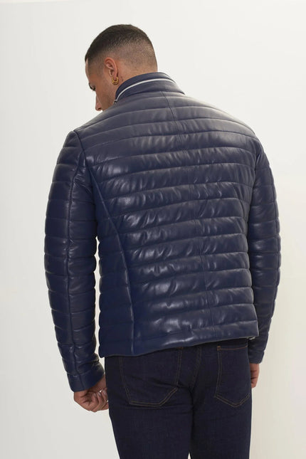 Men's Lambskin Leather Puffer Jacket - Navy | Ron Tomson