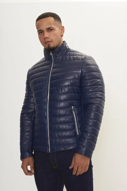 Men's Lambskin Leather Puffer Jacket - Navy | Ron Tomson