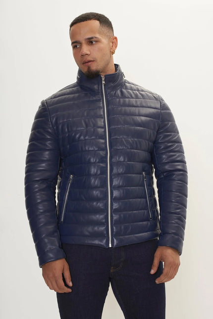 Men's Lambskin Leather Puffer Jacket - Navy | Ron Tomson