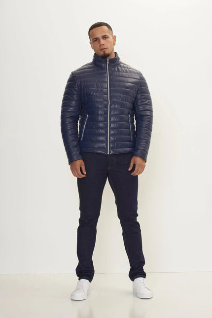 Men's Lambskin Leather Puffer Jacket - Navy | Ron Tomson