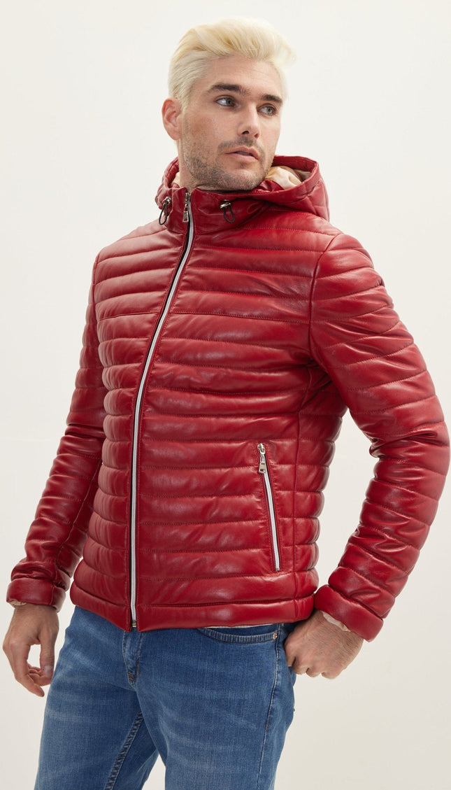 Lambskin Leather Hooded Puffer Jacket - Red