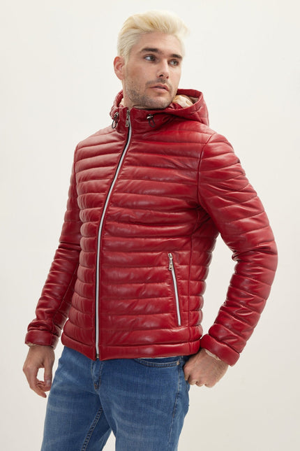 Men's Lambskin Leather Hooded Puffer Jacket - Red | Ron Tomson