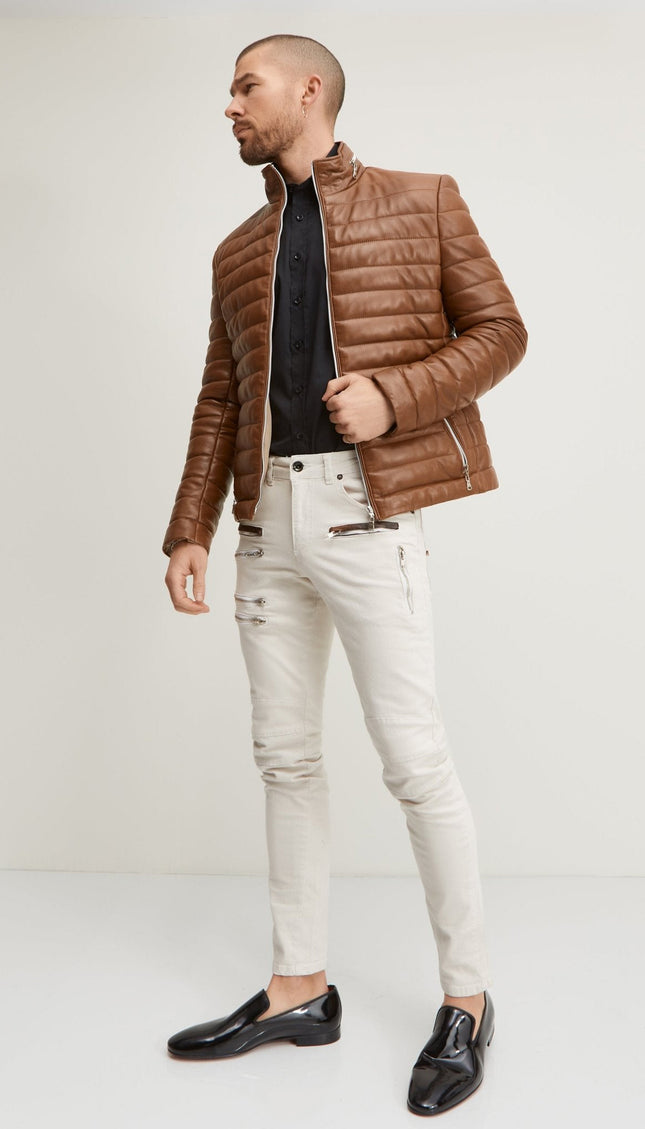 Lambskin Leather Puffer Jacket - Brown