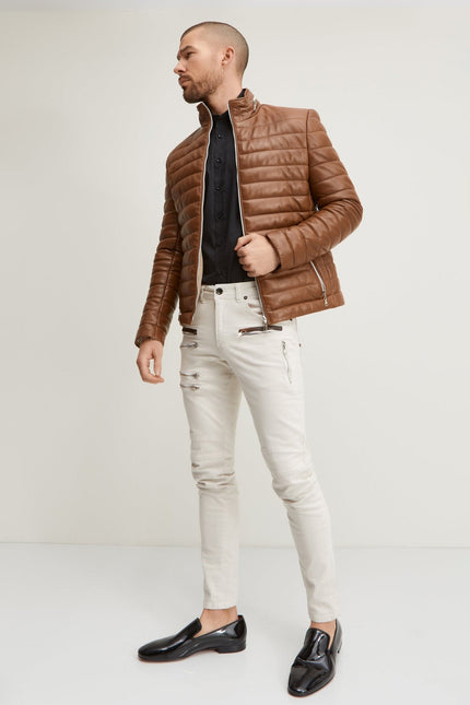 Men's Lambskin Leather Puffer Jacket - Brown | Ron Tomson