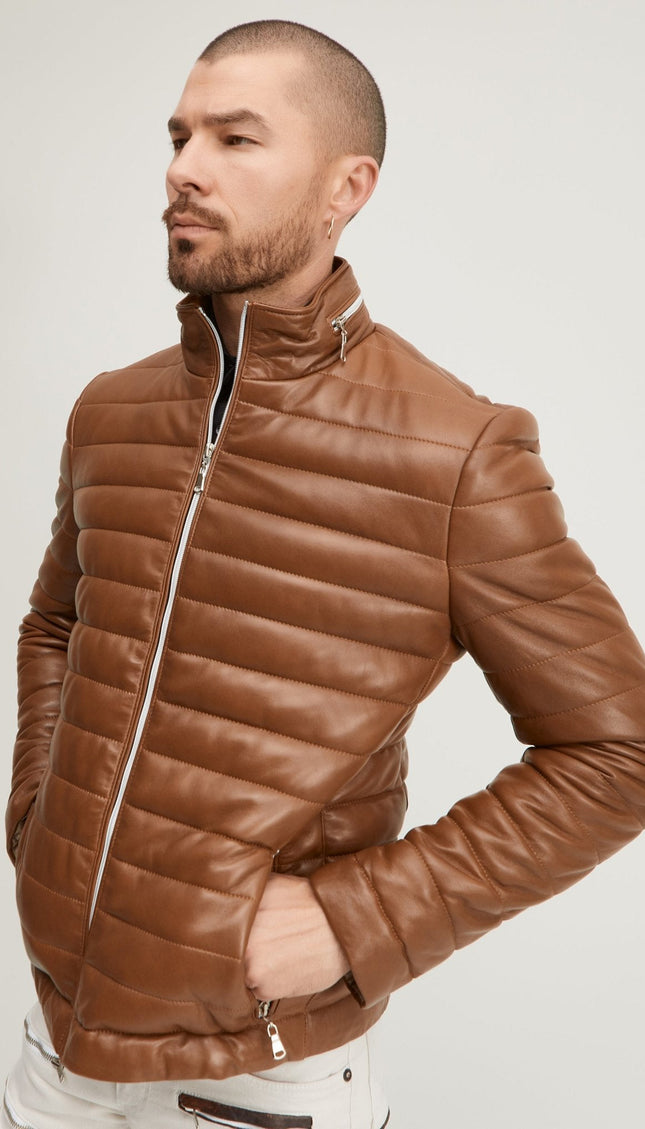 Lambskin Leather Puffer Jacket - Brown