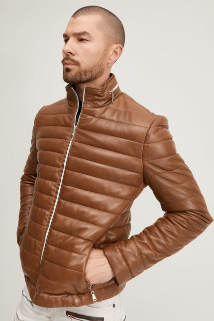 Men's Lambskin Leather Puffer Jacket - Brown | Ron Tomson