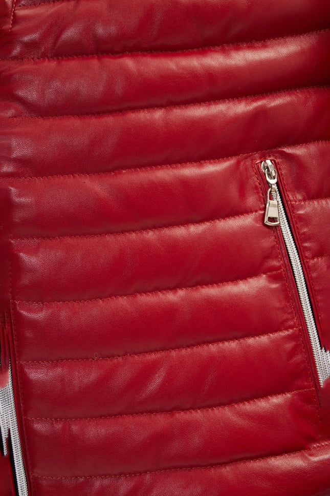 Men's Lambskin Leather Hooded Puffer Jacket - Red | Ron Tomson