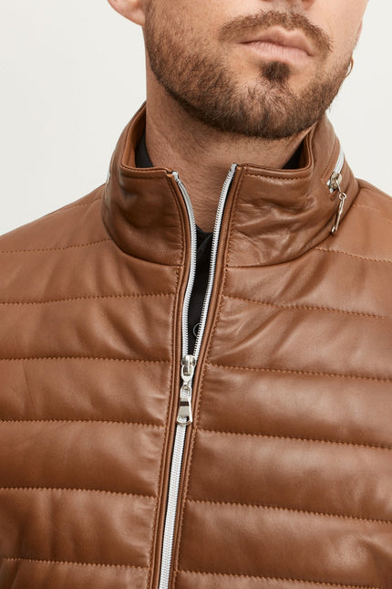 Men's Lambskin Leather Puffer Jacket - Brown | Ron Tomson