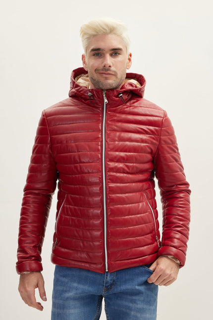 Men's Lambskin Leather Hooded Puffer Jacket - Red | Ron Tomson