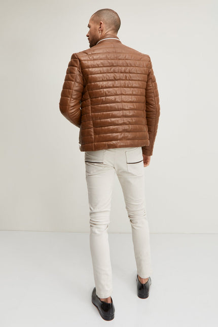 Men's Lambskin Leather Puffer Jacket - Brown | Ron Tomson