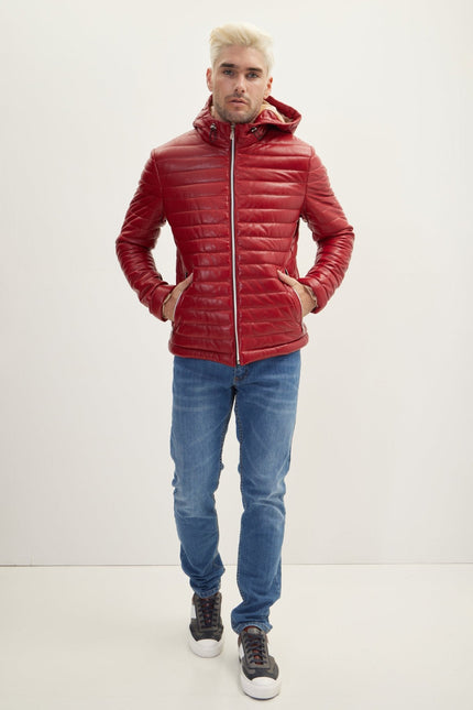 Men's Lambskin Leather Hooded Puffer Jacket - Red | Ron Tomson