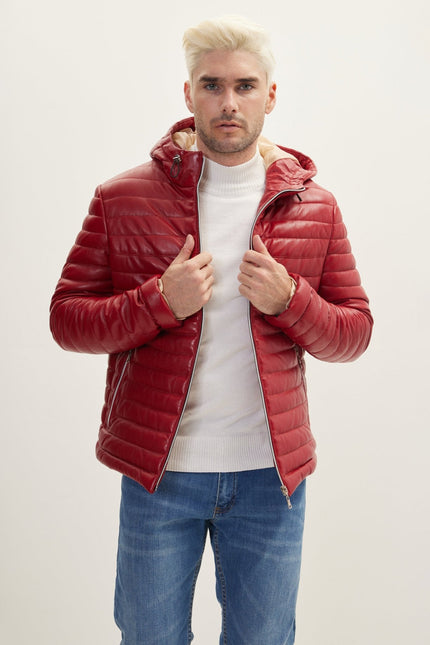 Men's Lambskin Leather Hooded Puffer Jacket - Red | Ron Tomson