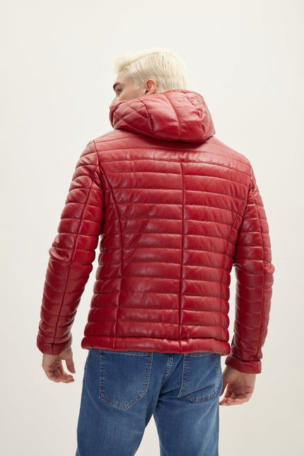 Men's Lambskin Leather Hooded Puffer Jacket - Red | Ron Tomson