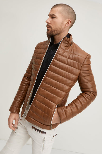 Men's Lambskin Leather Puffer Jacket - Brown | Ron Tomson