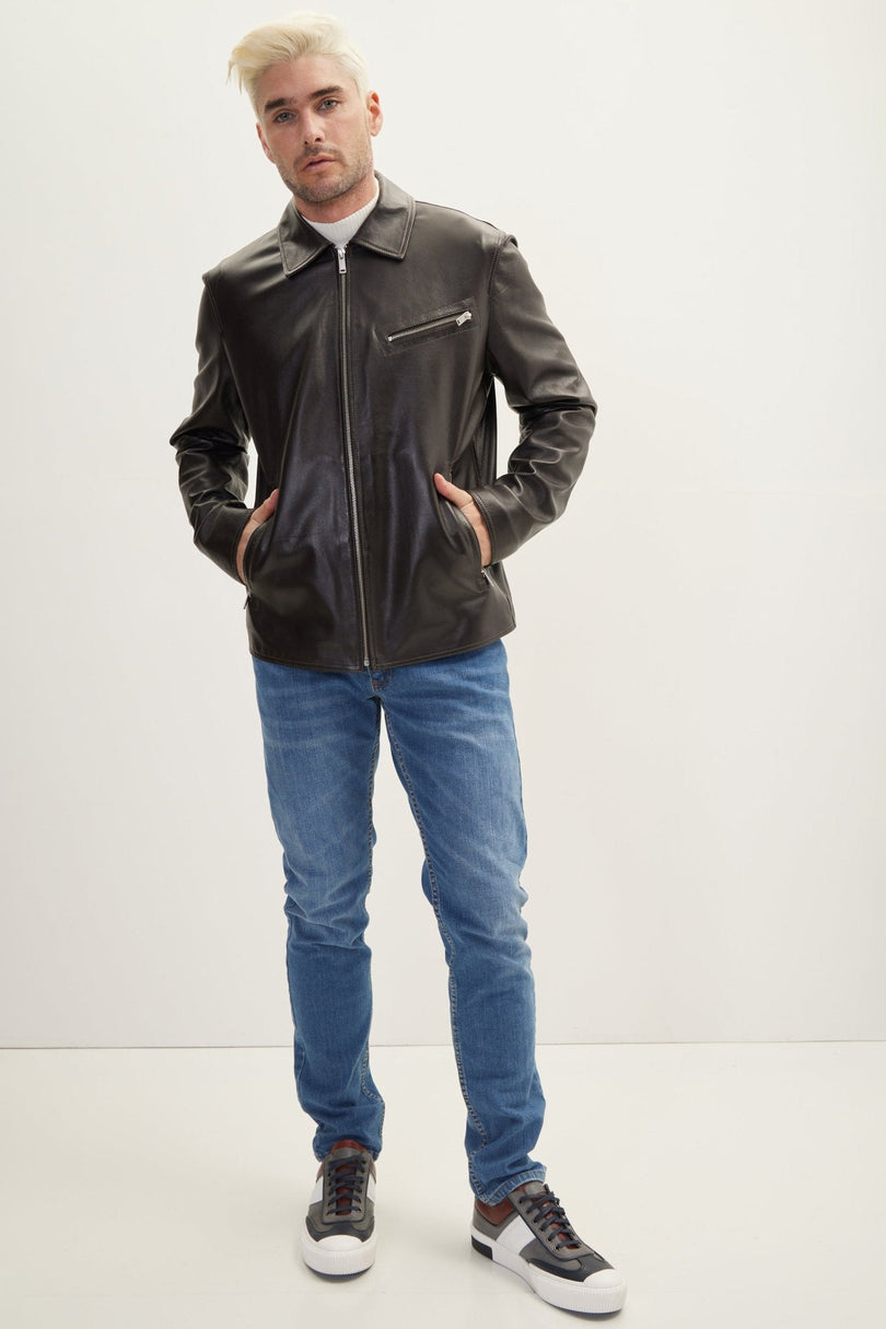 Men's Nappa Lambskin Full-Zip Coat - Dark Brown | Ron Tomson