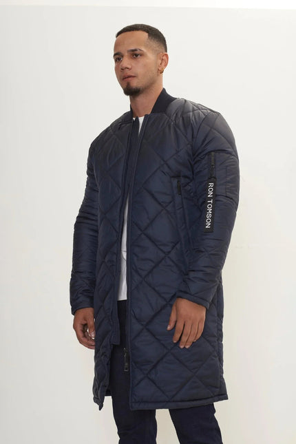 Men's Long Quilted Puffer Jacket - Navy | Ron Tomson