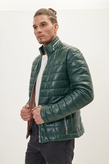 Men's Lambskin Leather Puffer Jacket - Green | Ron Tomson