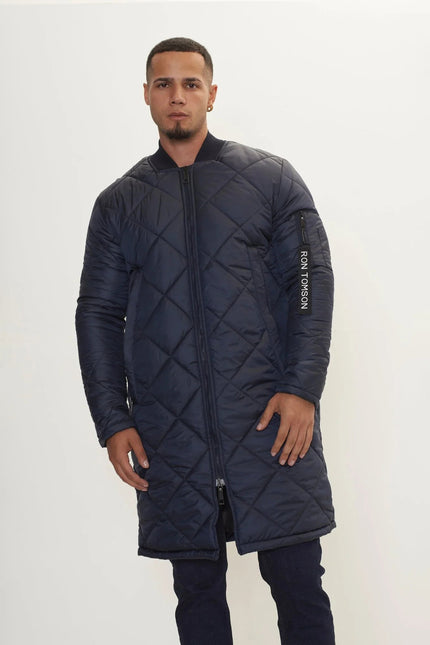 Men's Long Quilted Puffer Jacket - Navy | Ron Tomson