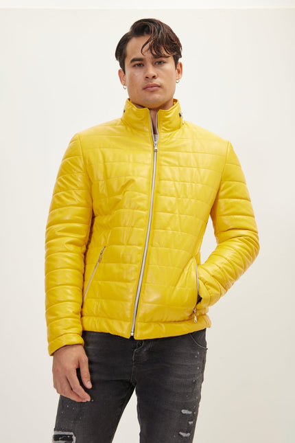 Men's Lambskin Leather Puffer Jacket - Yellow | Ron Tomson