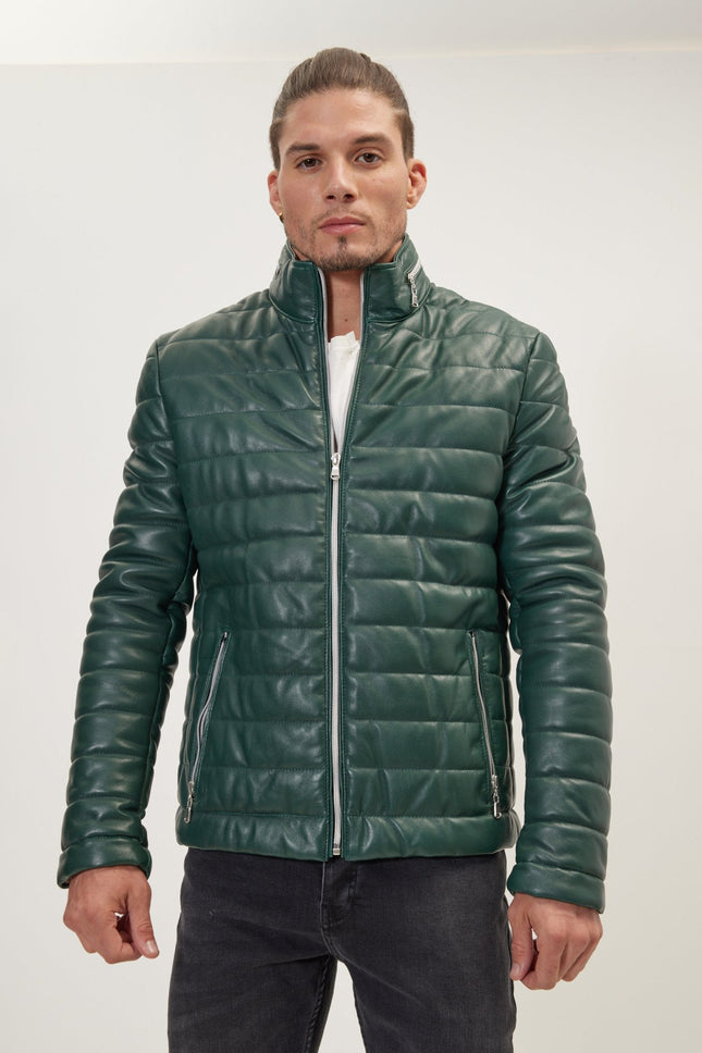 Men's Lambskin Leather Puffer Jacket - Green | Ron Tomson