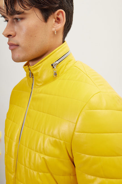 Men's Lambskin Leather Puffer Jacket - Yellow | Ron Tomson