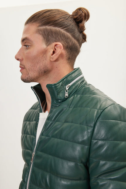 Men's Lambskin Leather Puffer Jacket - Green | Ron Tomson