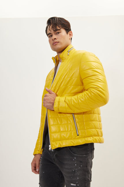 Men's Lambskin Leather Puffer Jacket - Yellow | Ron Tomson