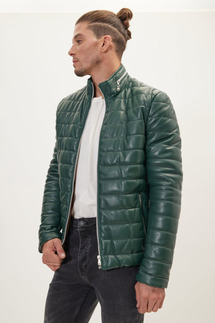 Men's Lambskin Leather Puffer Jacket - Green | Ron Tomson