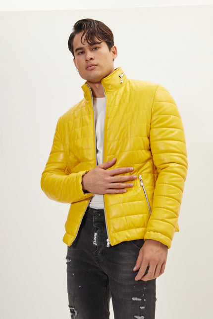 Men's Lambskin Leather Puffer Jacket - Yellow | Ron Tomson