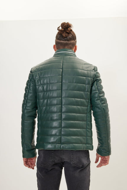 Men's Lambskin Leather Puffer Jacket - Green | Ron Tomson