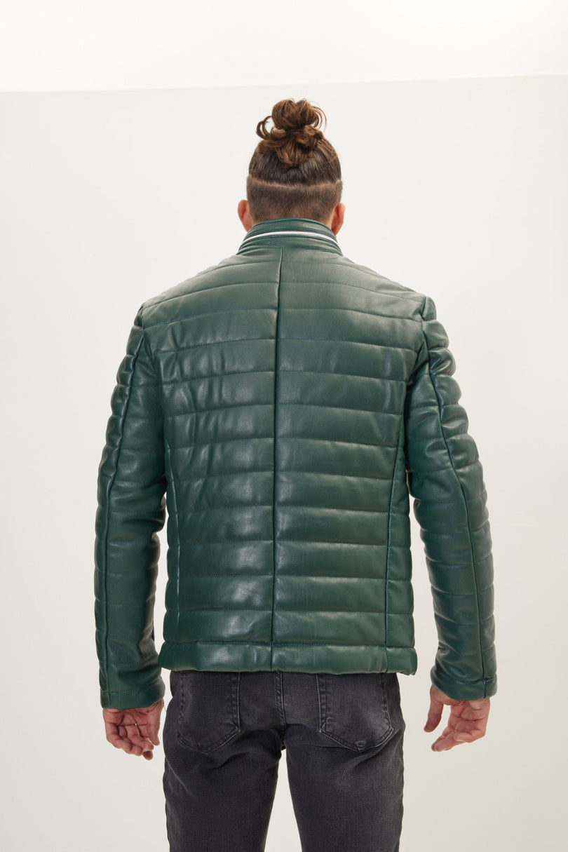 Men's Lambskin Leather Puffer Jacket - Green | Ron Tomson