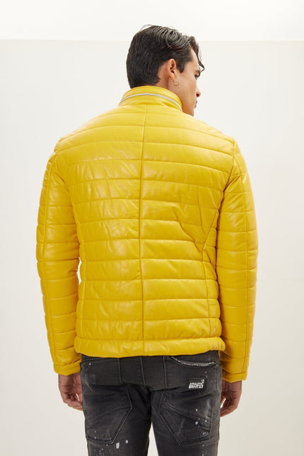Men's Lambskin Leather Puffer Jacket - Yellow | Ron Tomson