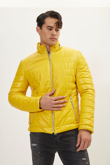 Men's Lambskin Leather Puffer Jacket - Yellow | Ron Tomson