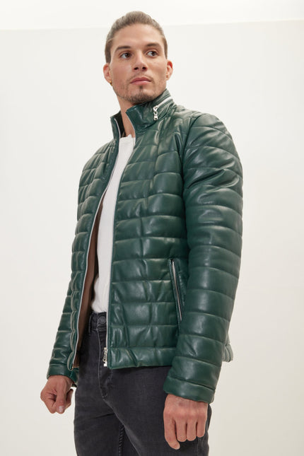 Men's Lambskin Leather Puffer Jacket - Green | Ron Tomson